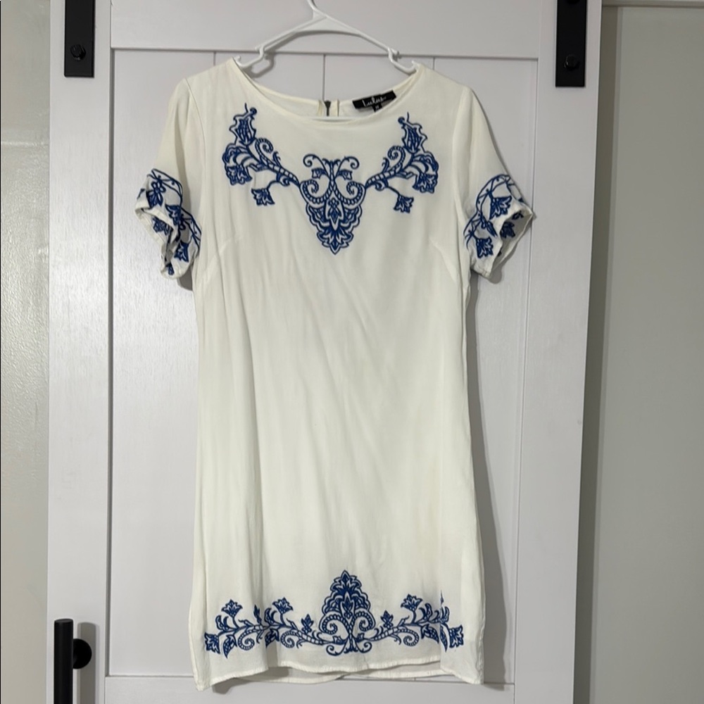 Lulu's White and Blue Embroidered Dress